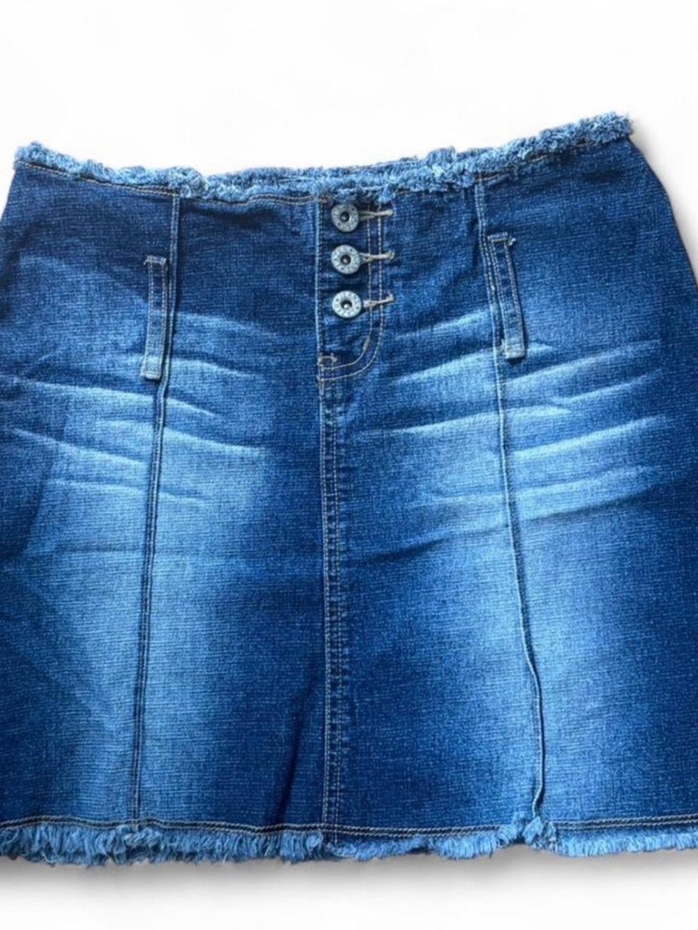 Y2K Low Rise Denim Mini Skirt Button Front | 2000s Frayed Hem Jean Skirt
